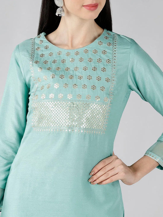 Ahika Women Sea Green Solid Embroidered Kurti Trousers With Dupatta 1