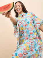 Long Kaftan Dress in Blue and Pink Watermelon Print