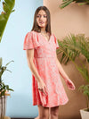 Women Peach Floral Front Button A-line Short Dress