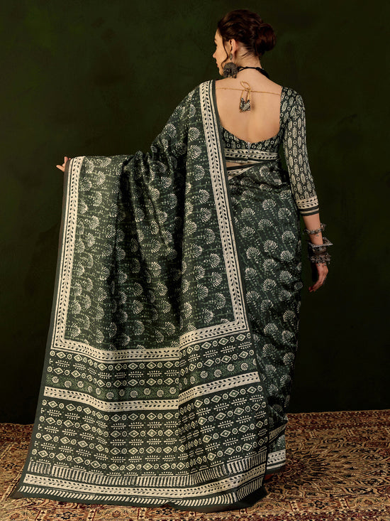 Saree Mall Women's Bhagalpuri  Dark Green Printed Designer Saree With Blouse Piece-12NTYA1205