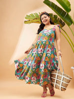 Women Blue Floral Tie Up Tiered Dress