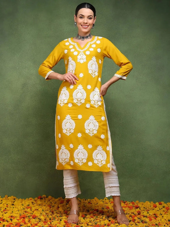 Ahika Women Mustard Viscose Rayon Solid Embroidered Straight Kurta