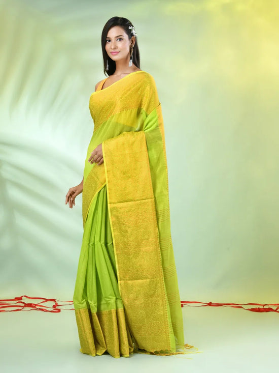 Light Green Cotton Saree With Zari Borders-MA66BCT43620002