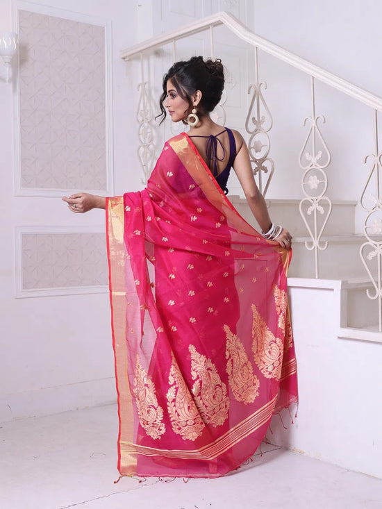 Hot Pink Cotton Saree With Zari Borders-MA64BCT401190040