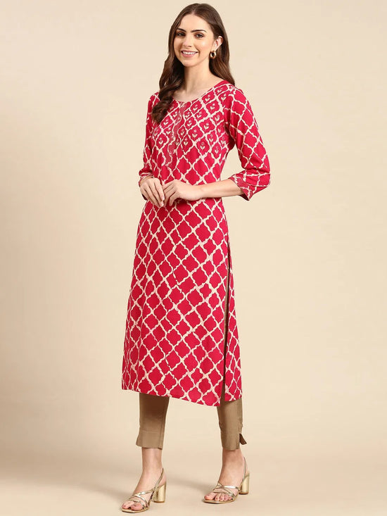 Women's Magenta Printed Straight Kurta-AT-A396-Magenta