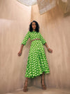 Women Green Leaf Front Button High Low Tiered Midi Dress