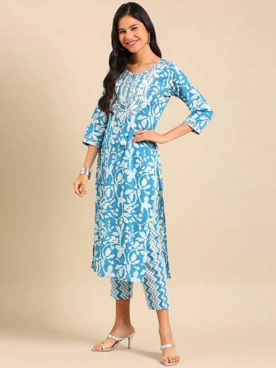 Women's Blue Printed Kurta Set-AT-A666-Blue