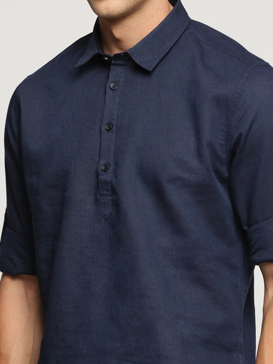 Men Navy Blue Solid Shirt Collar Casual Short Kurta-LAGOM-2013-Navyblue