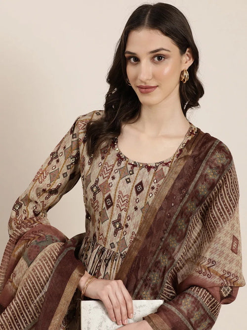 Women Taupe Printed Kurta Set-SKC-1242-Taupe