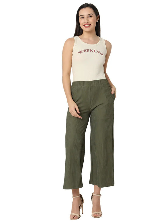 Smarty Pants Women's Cotton Rib Olive Color Pleated Trouser