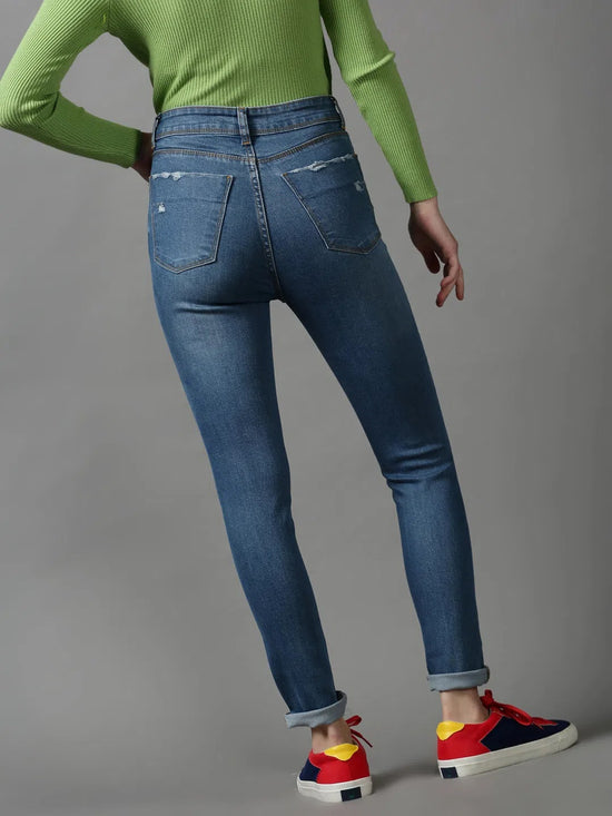 Women's Blue Solid Slim Fit Denim Jeans-GZ-5214-4-Blue