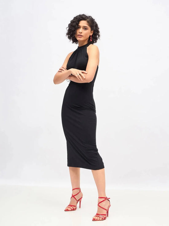 Women Black Halter Neck Bodycon Dress