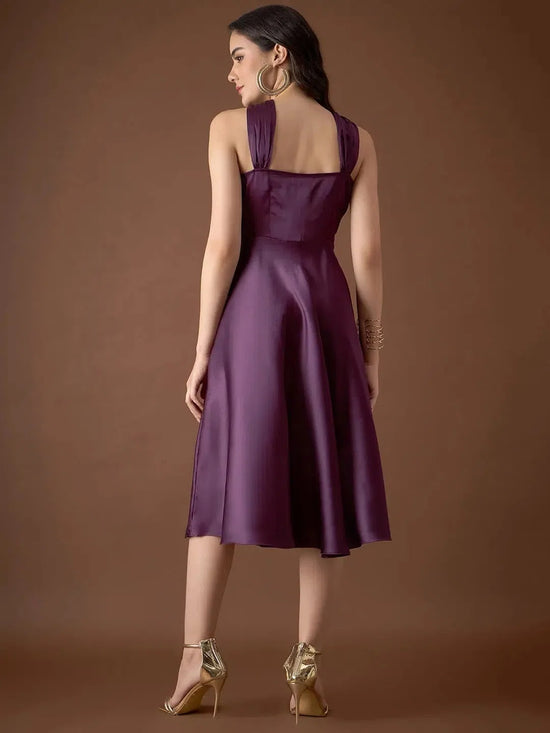 Draped neck midi dress in Purple Color