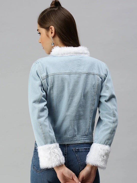 Women's Blue Solid Denim Jacket Jackets-AE-999154-Blue