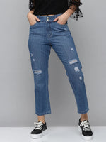 Women's Blue Solid Relaxed Fit Denim Jeans-IM-9930-Blue