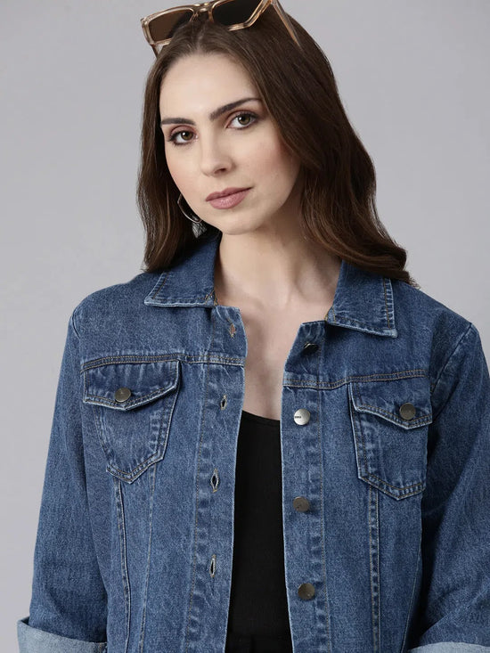 Women Blue Solid Denim Jacket-AE-0115-Blue