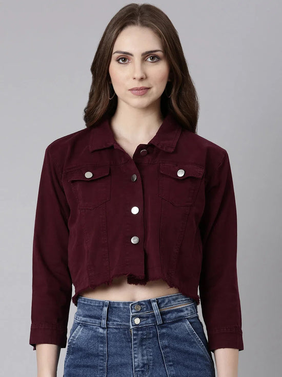 Women Maroon Solid Denim Jacket-AE-0001-Maroon