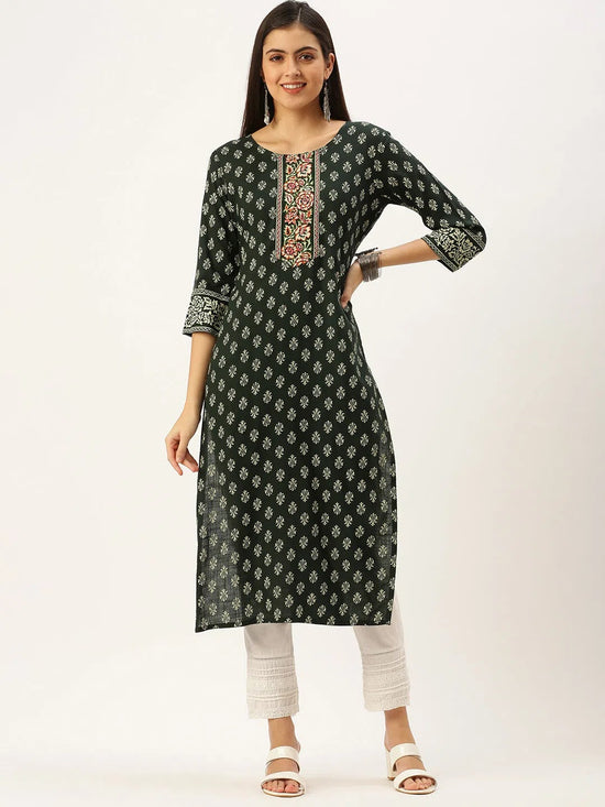 Women's Green Printed Straight Kurtas-AT-A421-K-Green