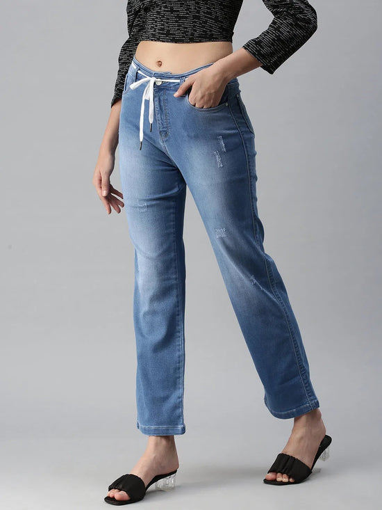 Women's Blue Solid Denim Straight Jeans-LTSF22061-Blue