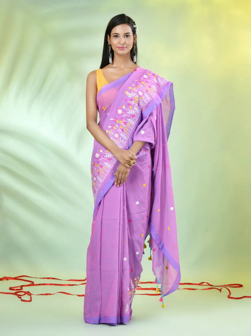 All Over Thread Floral Embroidery Violet Cotton Saree-MA62CT33610069