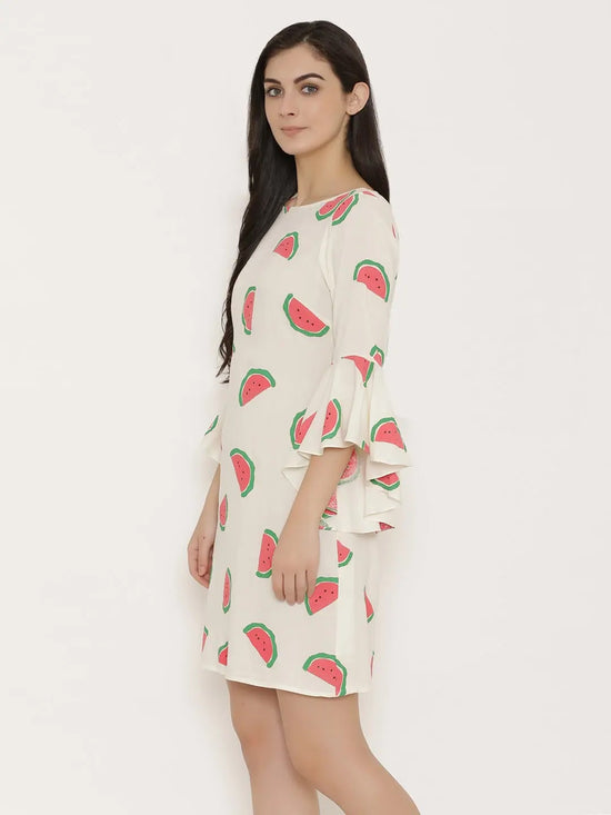 Bell Sleeve Block printed Dress in Off White-TC0286RWWA_S