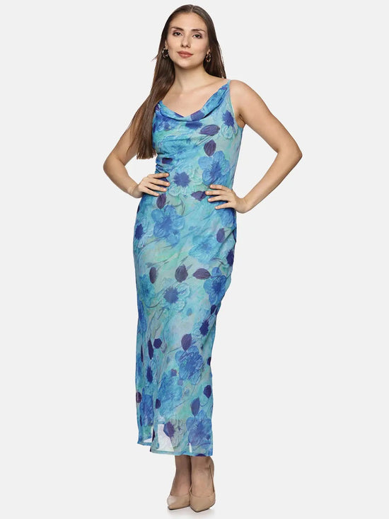 Floral Blue Cowl Neck Slip Dress-17365