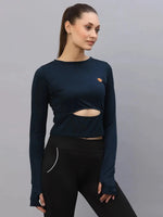 Rigo Blue Cut-Out Waist Round Neck Full Sleeve Activewear Crop Top