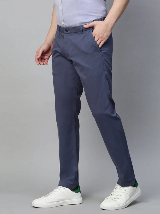 Genips Men's Blue Cotton Stretch Caribbean Slim Fit Solid Trousers