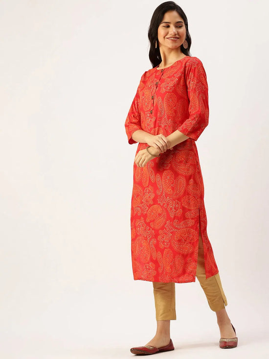 Women's Red Printed Straight Kurtas-GW-1434-Red