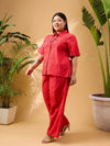 Women Red Schiffli Front Button Shirt With Pants