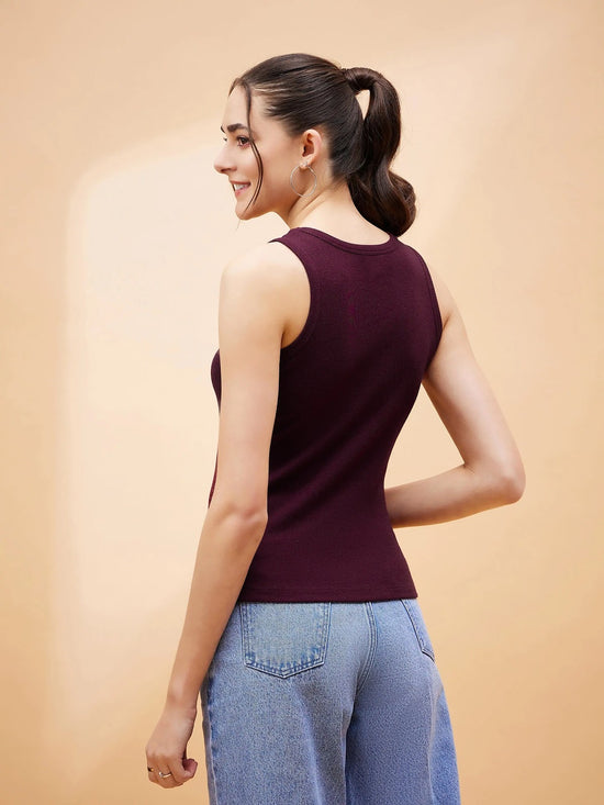 Women Burgundy Rib Sleeveless Top