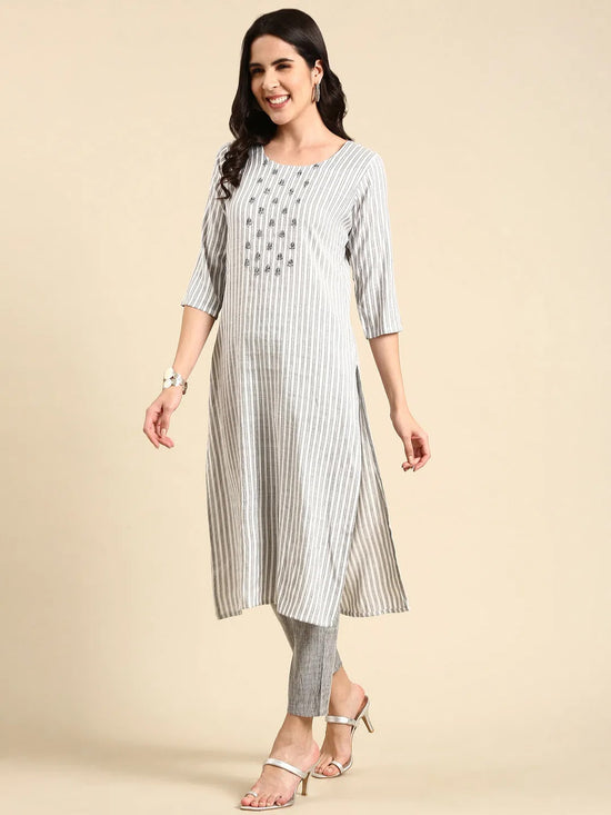 Women's White Striped Kurta Set-SKC-803-White