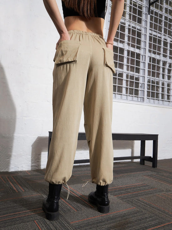 Women Beige Pleated Knee Twill Jogger Cargos