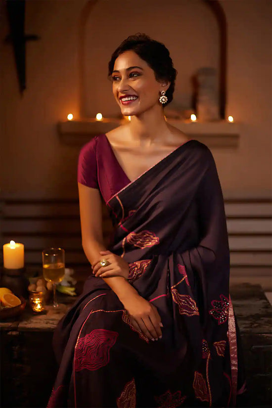 Avanshee Women's Latest Bollywood Floral Printed Satin Saree With Unstiched Blouse-AVN-8090-DARK-WINE