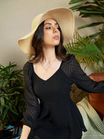 Women Black Dobby Sweetheart Neck Layered Hem Dress