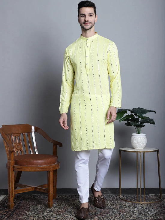 Men's Embroidered Mirror Work Kurta Payjama Sets-JOKP-P-694Lemon