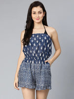 Scoure blue printed off -shoulder women beachwear dress