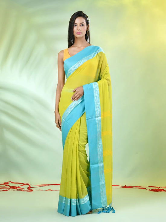 Lime Green Cotton Soft Saree With Contrasted Borders-MA62CT33720063