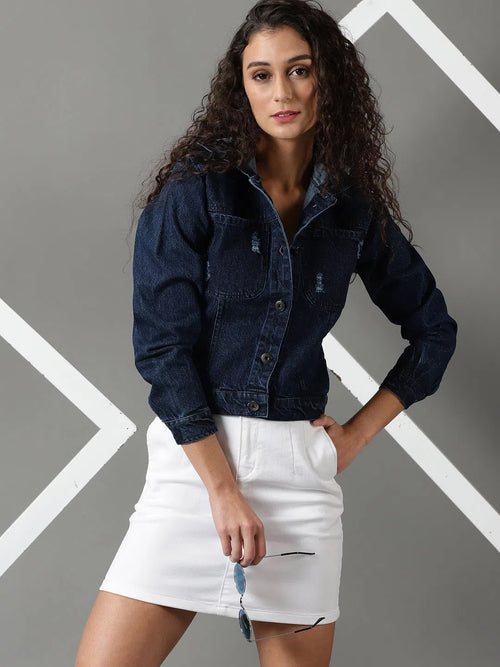 Women's Navy Blue Solid Denim Jacket-AE-9513-Navyblue