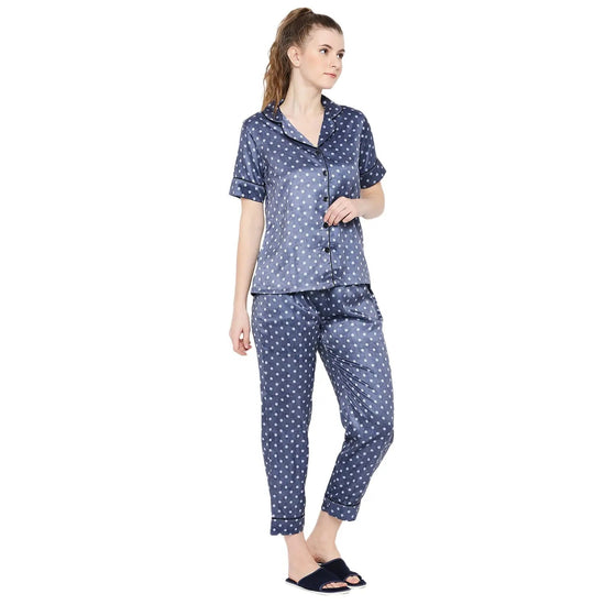 Smarty Pants Women's Silk Satin Blue Color Polka Dot Night Suit