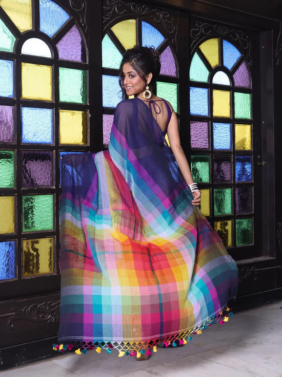 Navy Blue And Multicolor Colorblocked Mulmul Cotton Saree-MA64MCT33770058