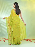 All Over Thread Floral Embroidery Lime Green Cotton Saree-MA62CT33610083