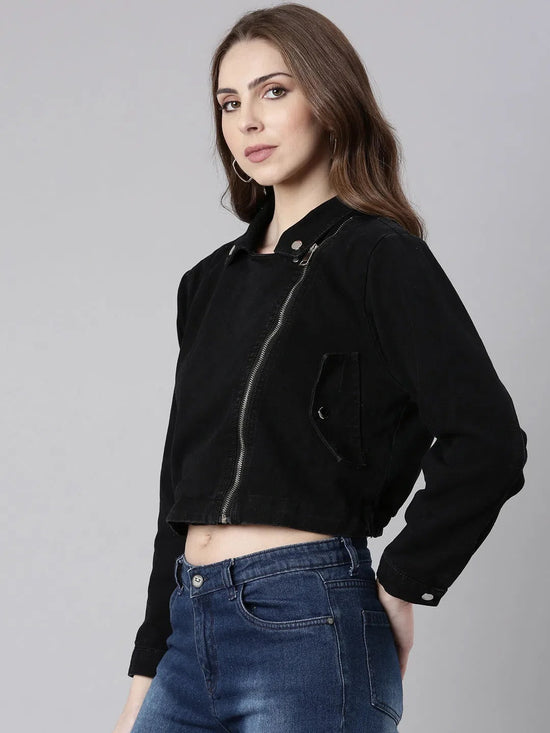 Women Black Solid Denim Jacket-CHN-9862-Black