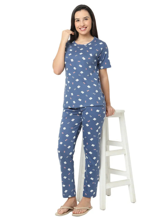 Smarty Pants Women's Cotton Lycra Blue Color Teddy Print Night Suit