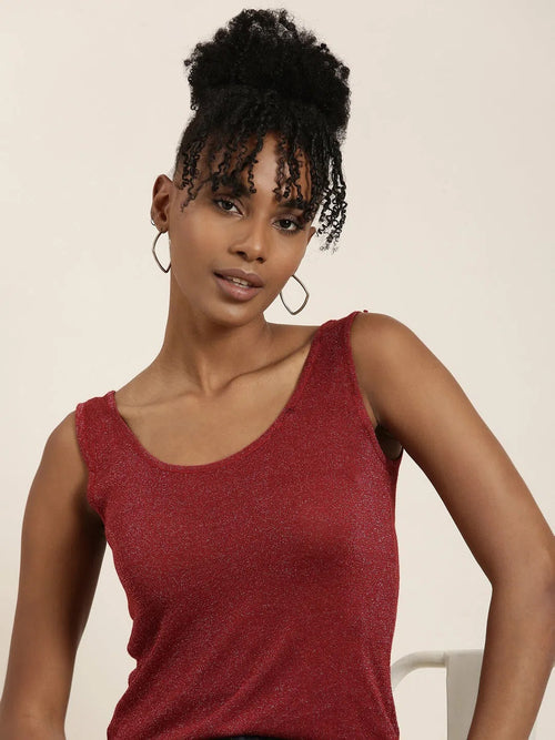 Scoop Neck Embellished Maroon Tank Regular Top-AN-9-Maroon