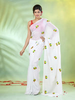 All Over Thread Embroidery White Cotton Handspun Saree-MA62CH33660053