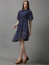 Women's Blue Printed Fit and Flare Dress-AE-7071-Navyblue