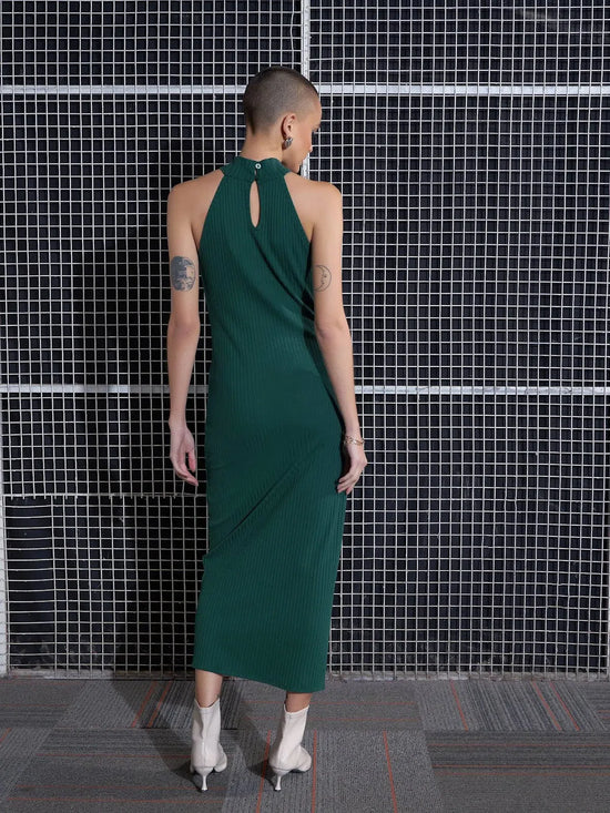 Women Emerald Rib Front Slit Bodycon Midi Dress