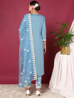 Ahika Women Blue Silk Blend Embroidered Straight Kurta Pant Set