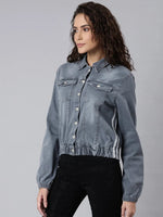 Women Grey Solid Denim Jacket-IM-10478-Grey